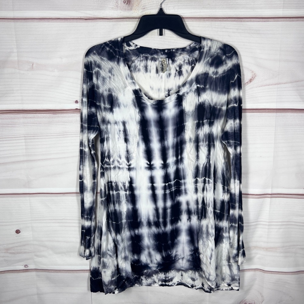XCVI Tunic Top Womens XS Black Tie Dye Long Sleeve Scoop Neck T-Shirt Boho Artsy